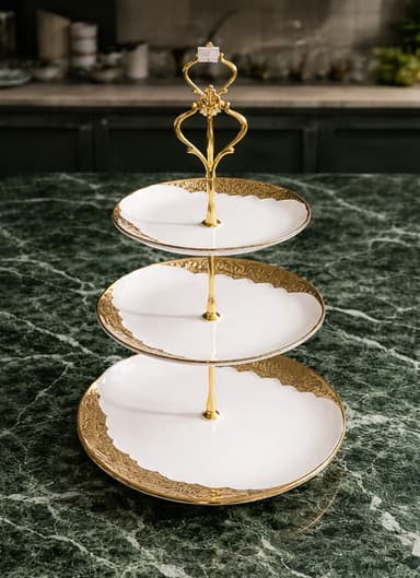 Pastry Try (3 tier)(golden and ceramic) mini img 1