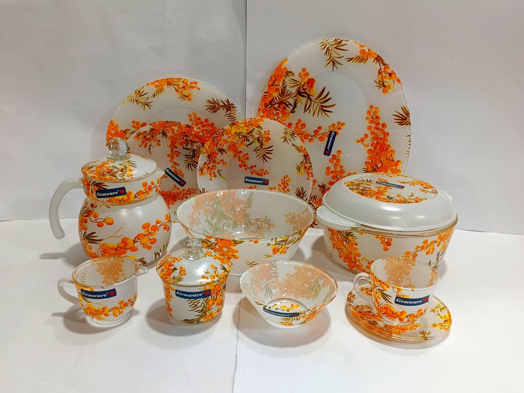 Dinner Set Printed Glass 62-Pcs Orange  img 1